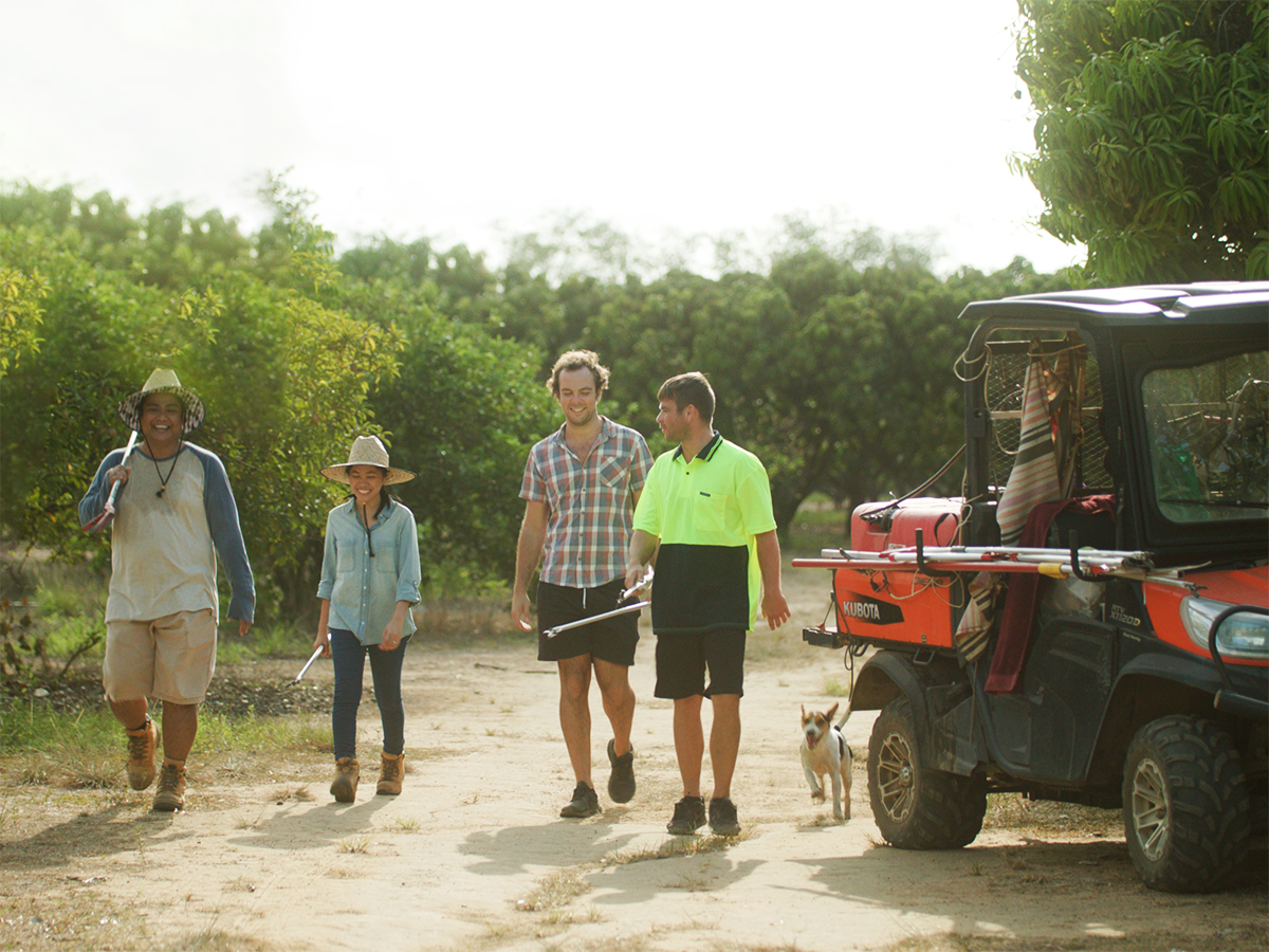 Home page image 4 young farm workers walking and talking, next to a red vehicle